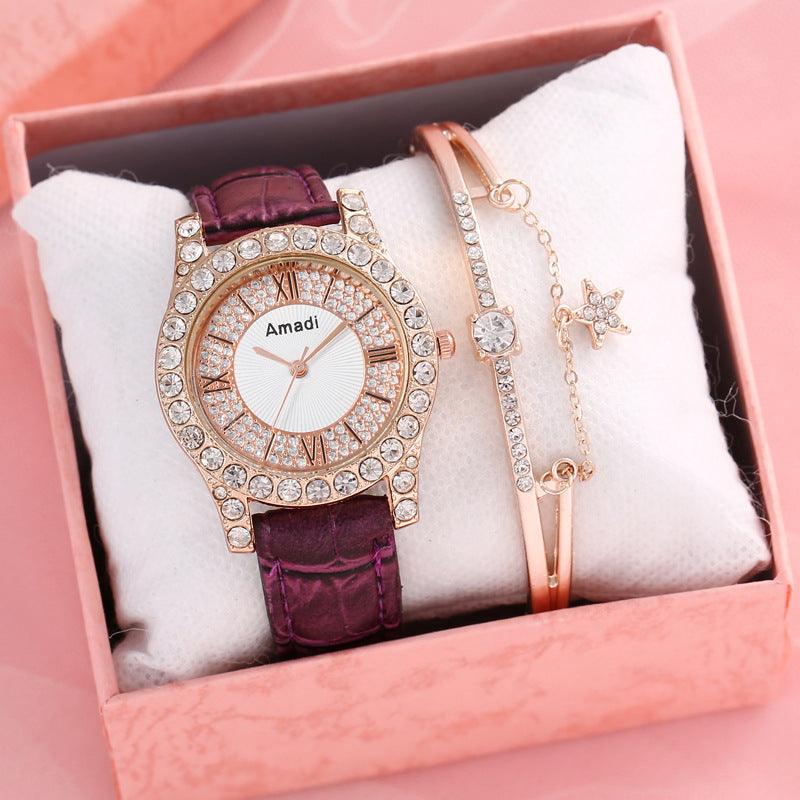 Women's Diamond-embedded Roman Face Simple Fashion All-match Quartz Watch Gift Box - Nioor