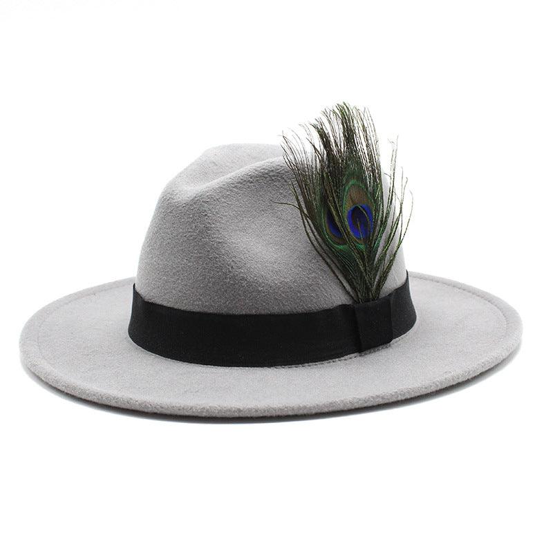 Women's Woolen Big Brim Peacock Feather Casual Sun Hat - Nioor