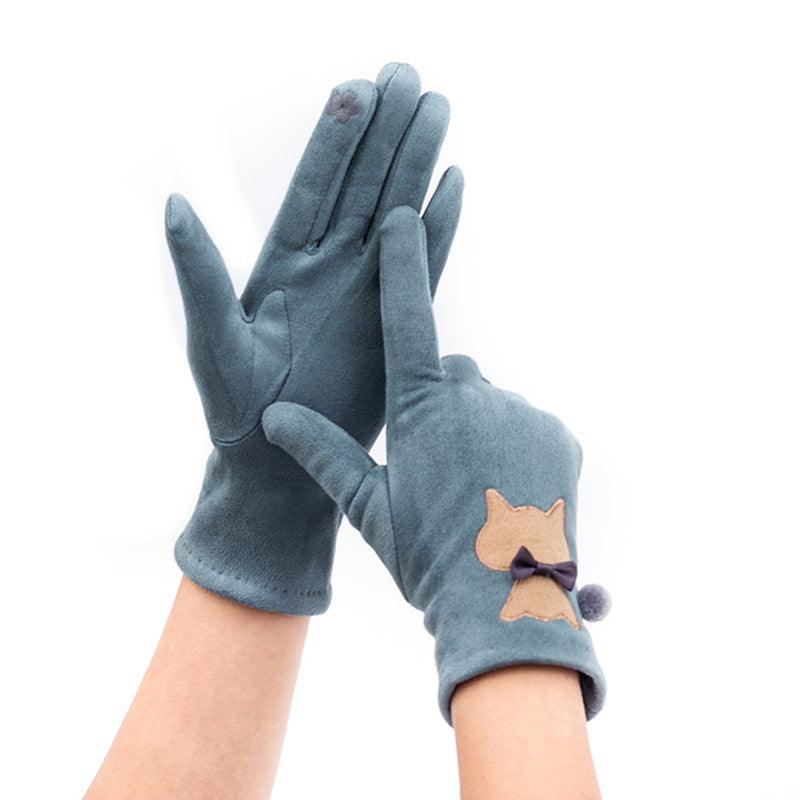 Autumn And Winter Embroidered Cat Touch Screen Gloves Suede Thickened Fleece-lined Riding Warm Gloves - Nioor