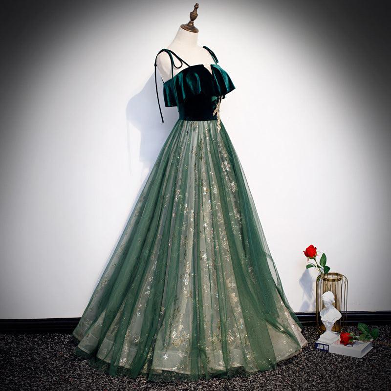 Banquet Sling Temperament Long Dress Dark Green Fantasy Mori - Nioor