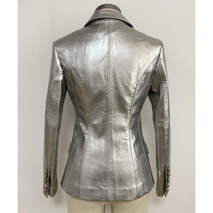 Double-breasted Shiny Silver Synthetic Leather Slim Suit Jacket - Nioor