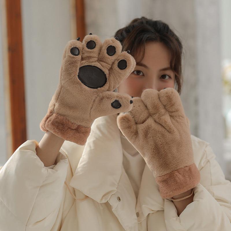 Cute Cartoon Bear Claw Plush Gloves Female Winter Warm Fleece-lined Thickened Hand-shaped Brush Road Bike Skiing - Nioor