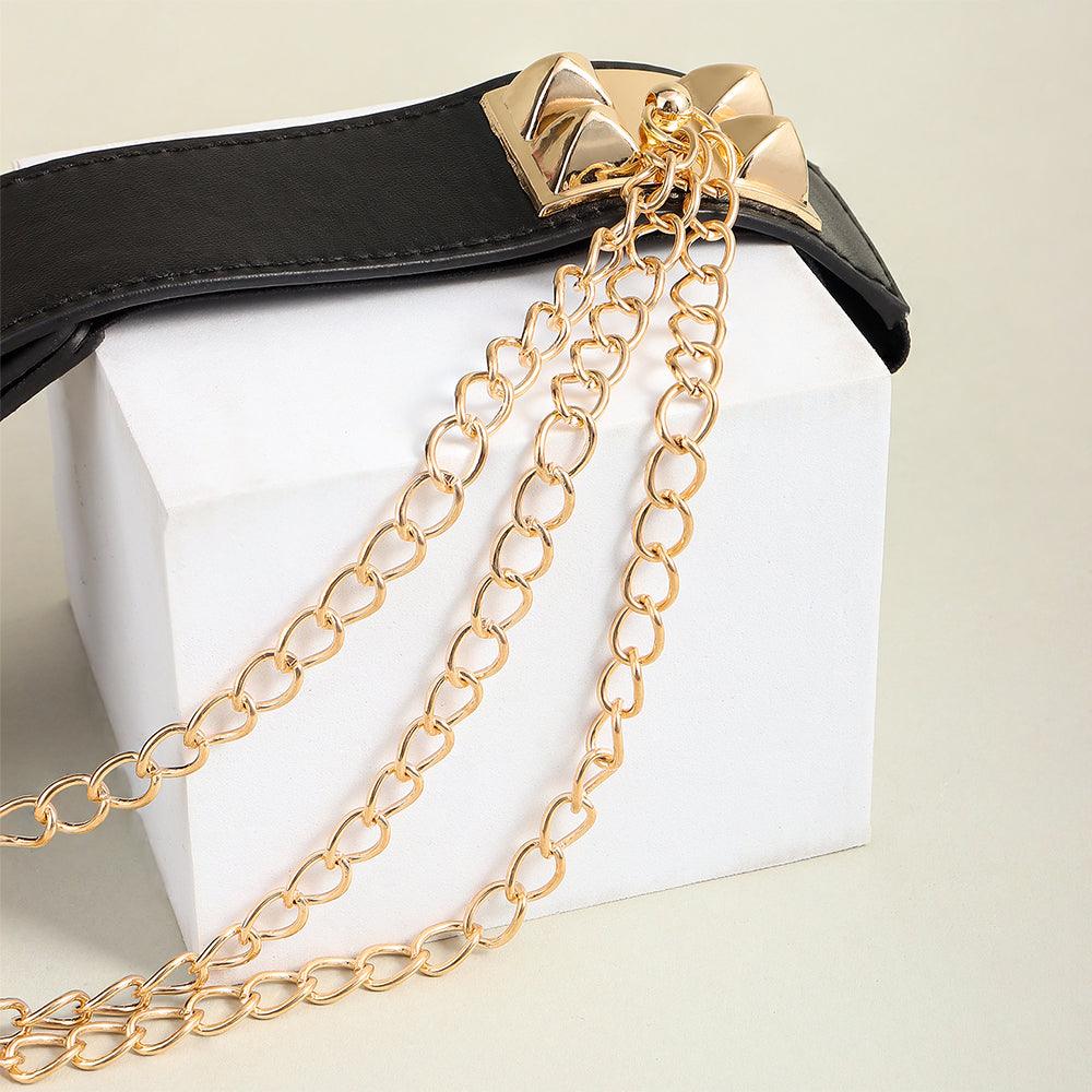 Punk Gold Rivet Chain Women's Belt Women's Elastic Stretch Wide Waist Corded Waist Black Slim Belt - Nioor