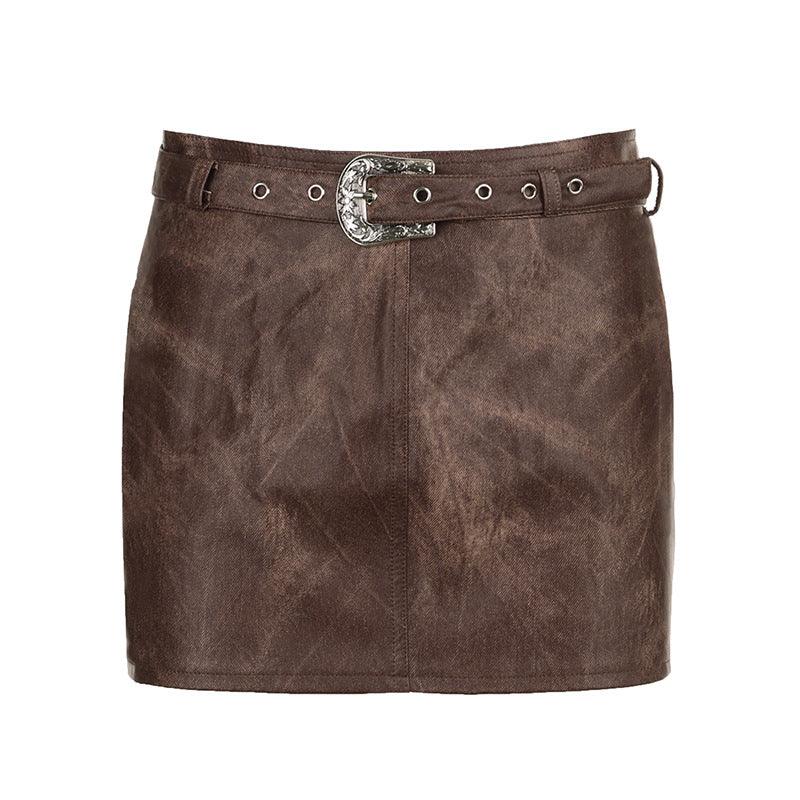 Women's Fashion Brown Vintage Tie-dye Leather Skirt - Nioor