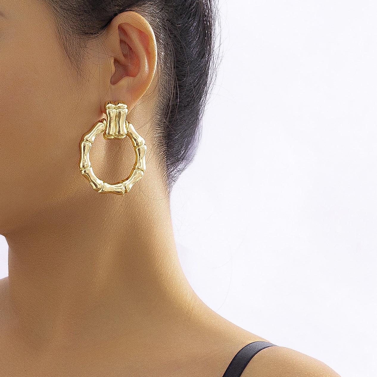 Hip Hop Style Simple Round Bamboo Stud Earrings - Nioor