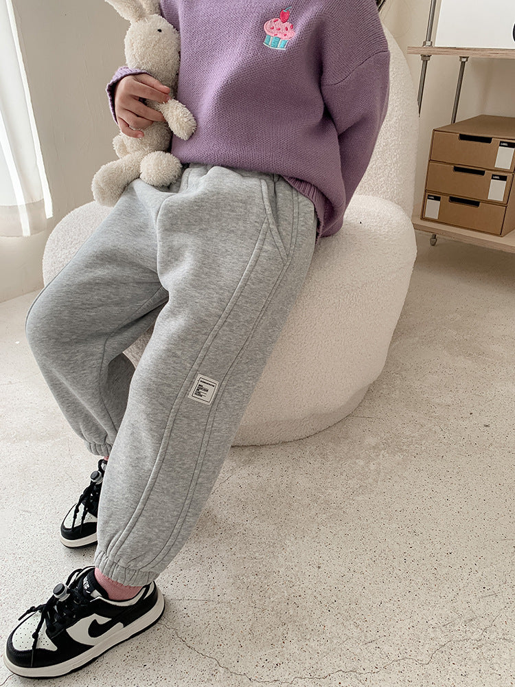 Children's Label Stitching Plus Velvet Sweatpants