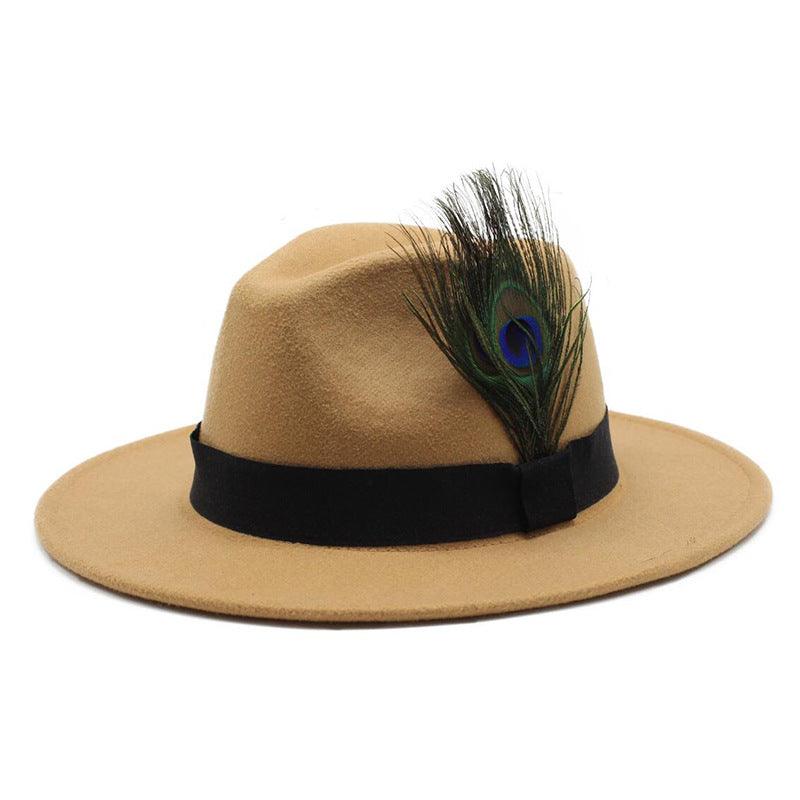 Women's Woolen Big Brim Peacock Feather Casual Sun Hat - Nioor