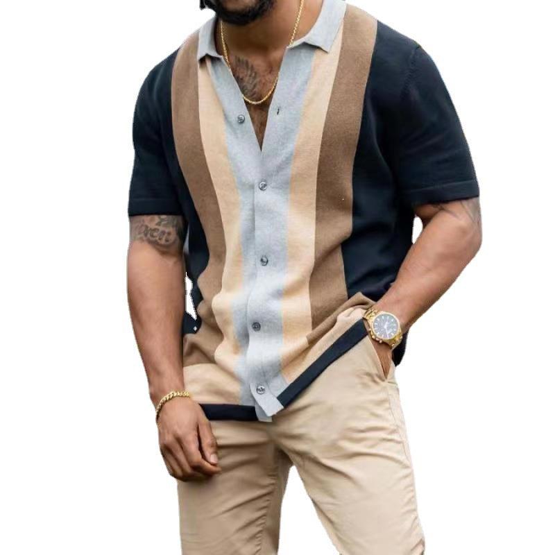 Men's Striped Casual Short-sleeved Knitted Cardigan T-shirt - Nioor