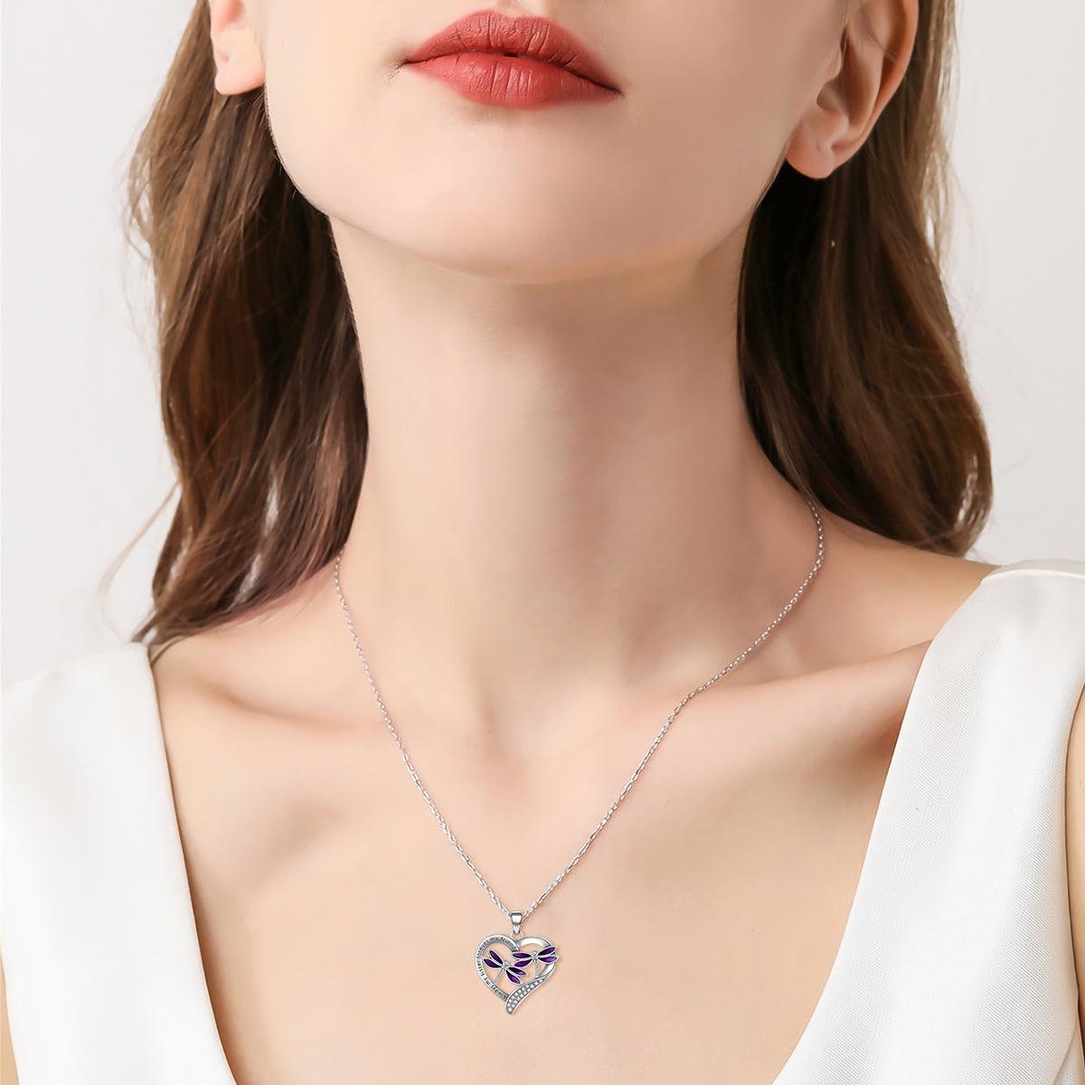 Purple Dragonfly Pendant Necklace in White Gold Plated Sterling Silver - Nioor