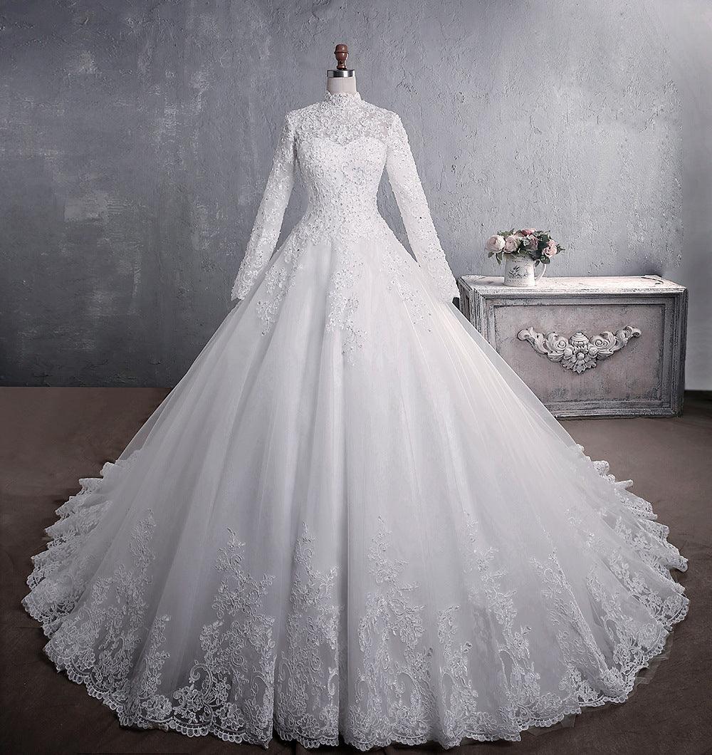 Lace Wedding Dress Bridal Stand-up Collar Long-sleeved Large Tail Large Size - Nioor