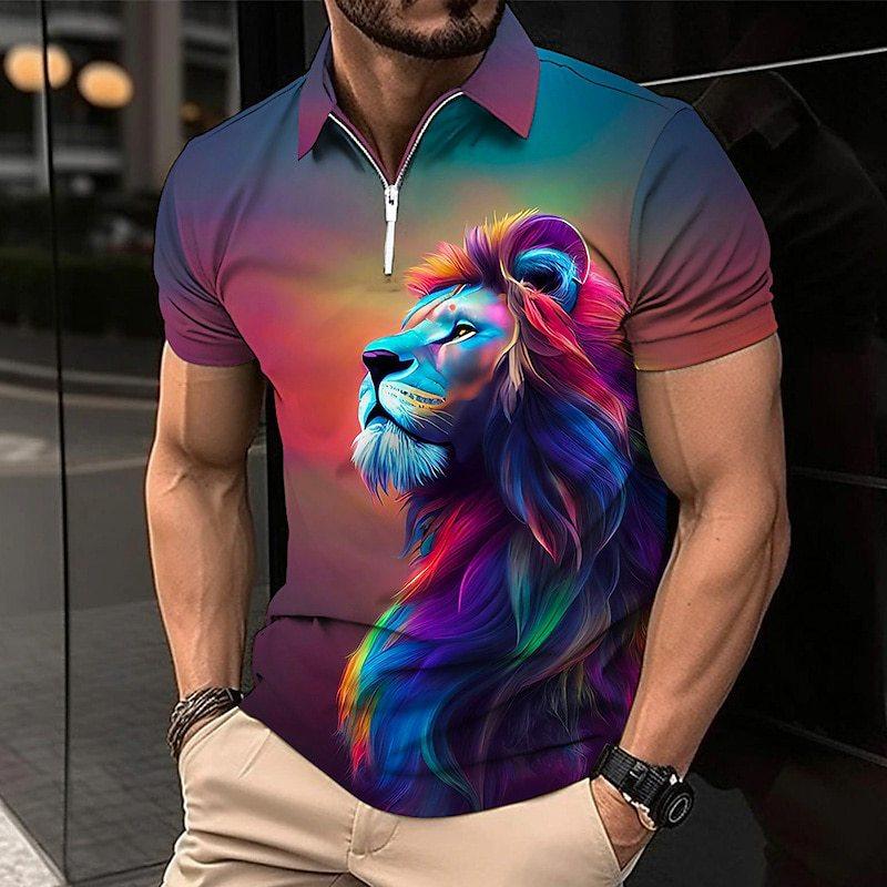 Polo Golf Shirt Animal Lion Pattern Printed Flanging Short Sleeve - Nioor