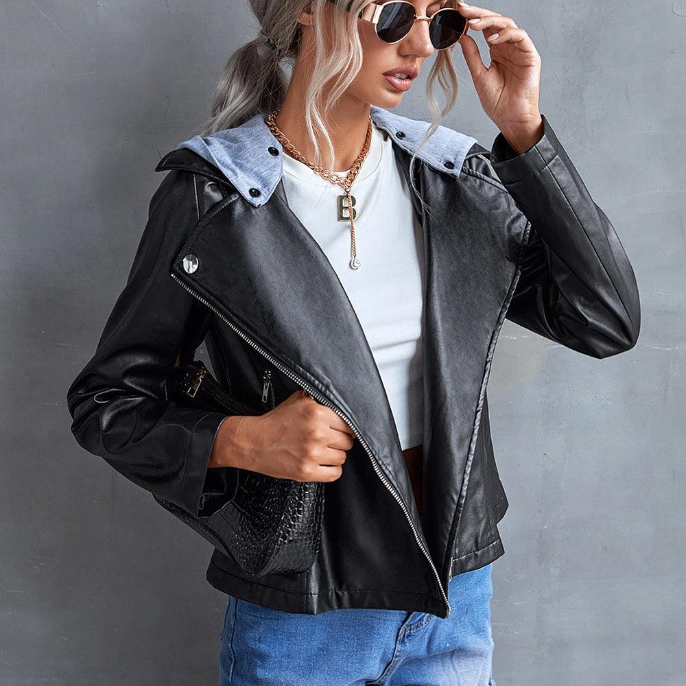 Casual PU Jacket With Hood And Removable Side Zipper - Nioor