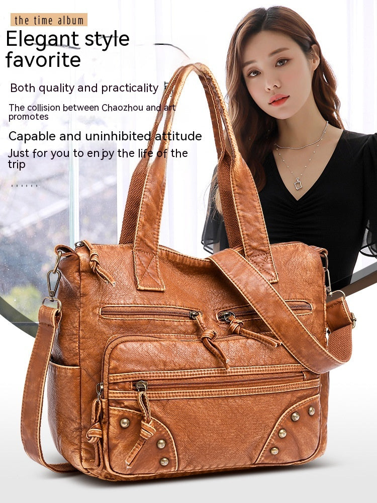 Stylish Retro Minimalism Handbag Women's Casual And Lightweight Washed Leather All-match Shoulder Bag