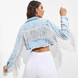 Women's Fashionable Fringed Stitching Distressed Denim Jacket - Nioor