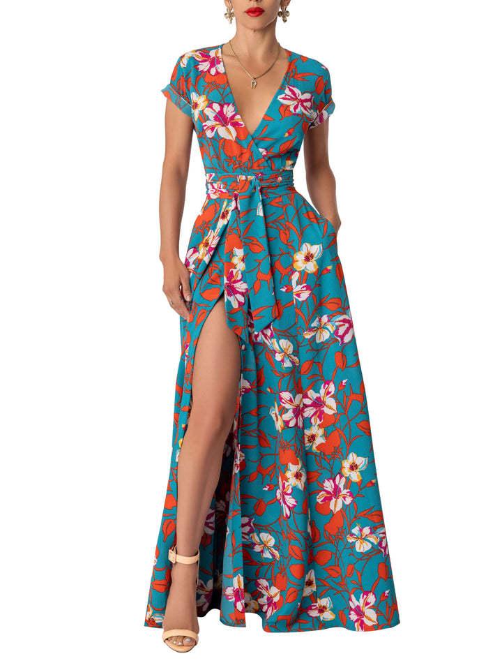 Printed Waist-controlled Split Dress - Nioor