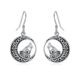 Wolf Celtic Moon Dangle Drop Earrings in Sterling Silver - Nioor