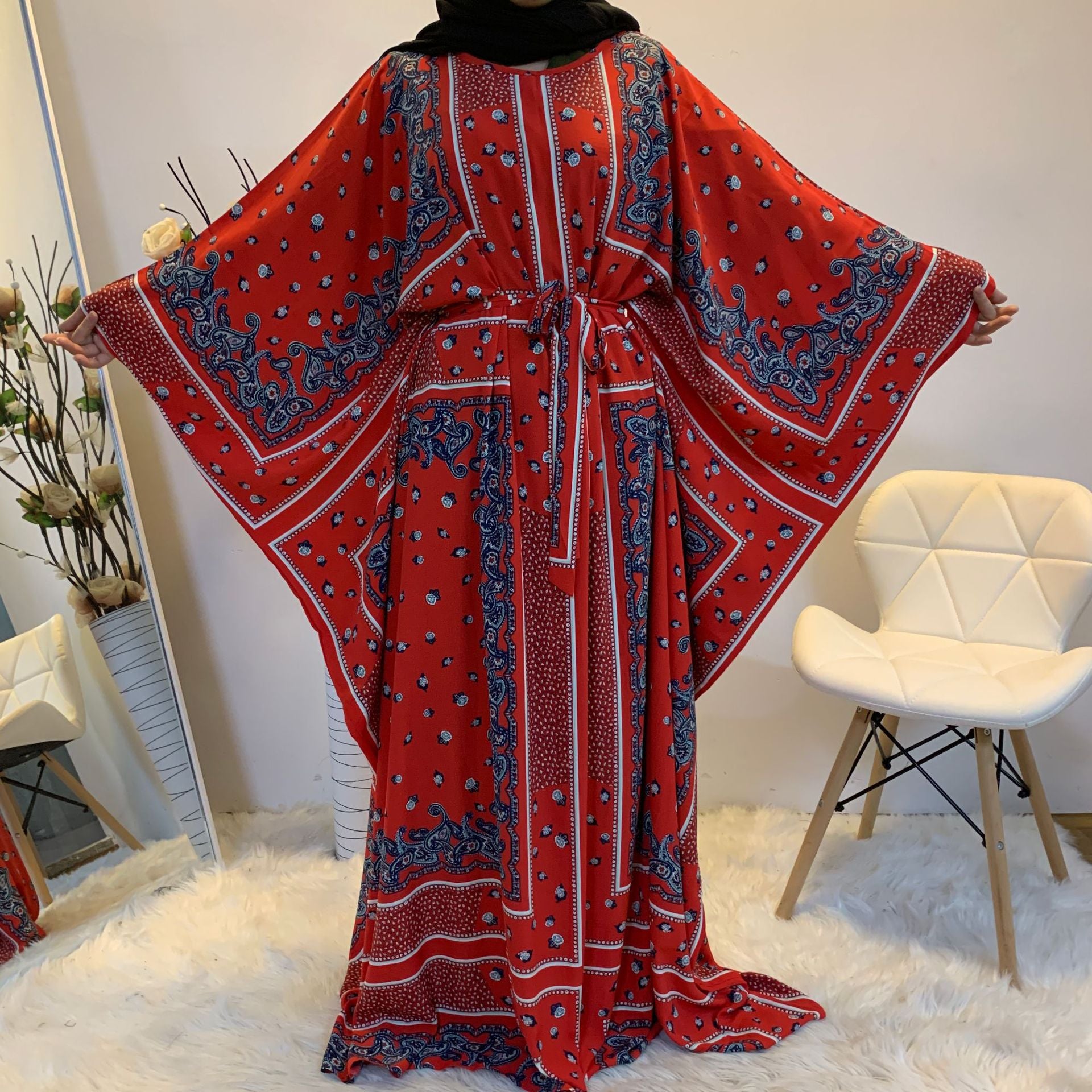 Fashion Print Elegant Loose Muslim Robe Batwing Sleeve Plus Size Women's Dress