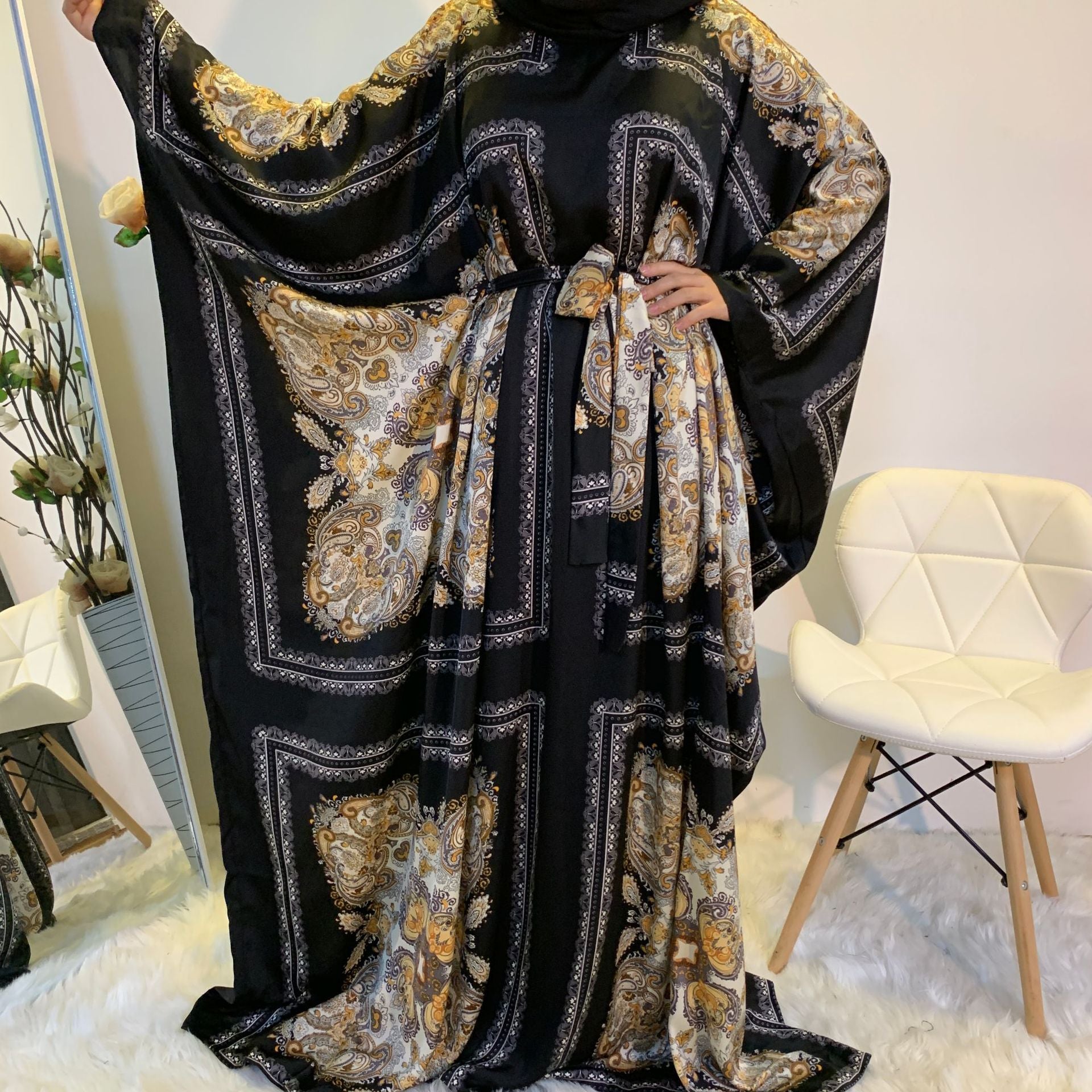 Fashion Print Elegant Loose Muslim Robe Batwing Sleeve Plus Size Women's Dress