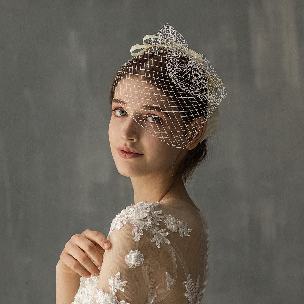 European And American White Mesh Bow Veil - Nioor