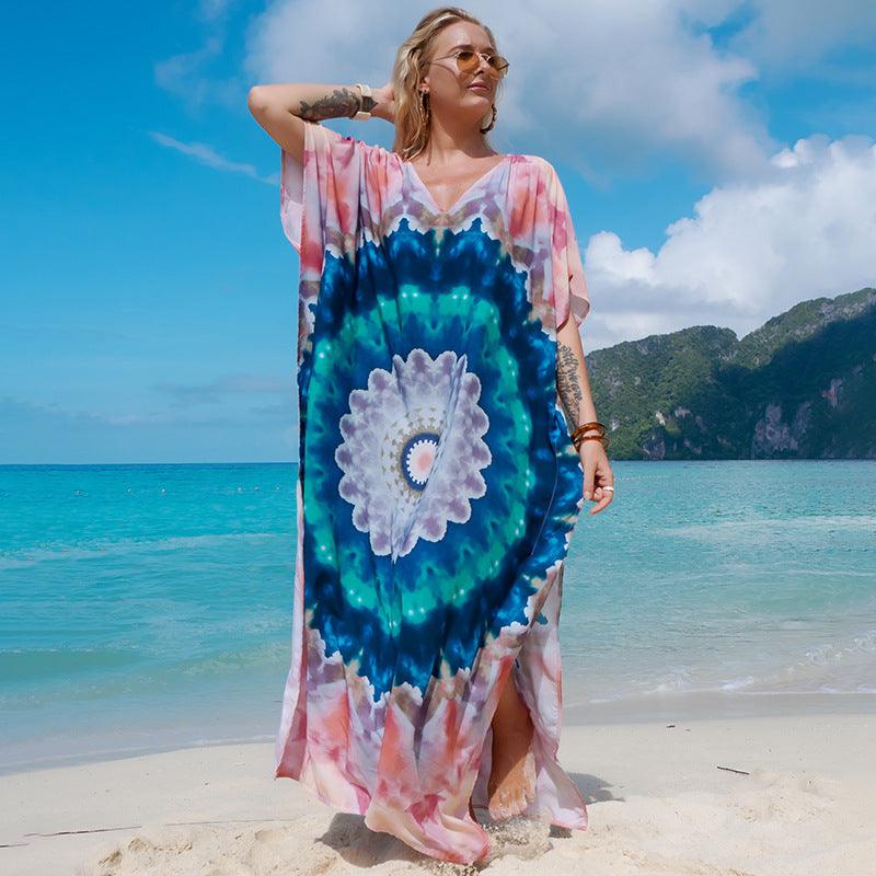 Rayon Printed Robe Seaside Holiday Sun Protection Shirt Beach Dress Bikini - Nioor