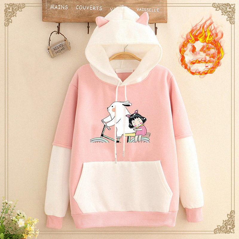 Add Velvet Thickening Match Color Loose Class Clothes Student Girl Hoodie - Nioor