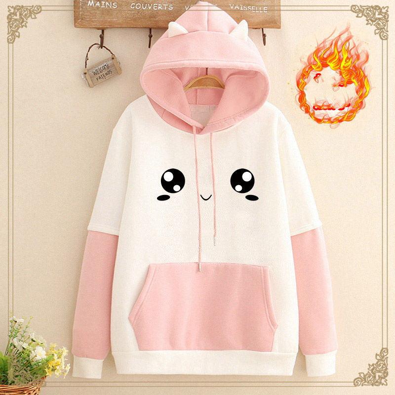 Add Velvet Thickening Match Color Loose Class Clothes Student Girl Hoodie - Nioor