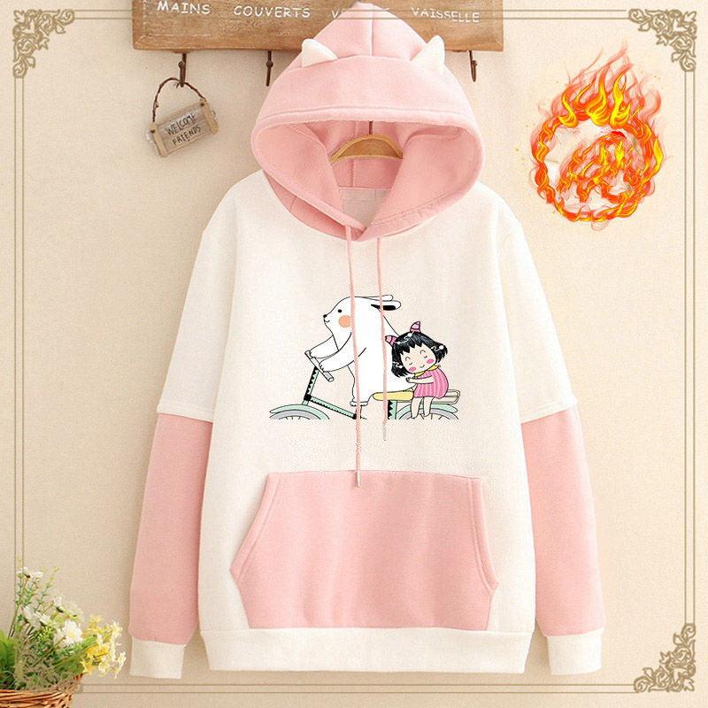 Add Velvet Thickening Match Color Loose Class Clothes Student Girl Hoodie - Nioor