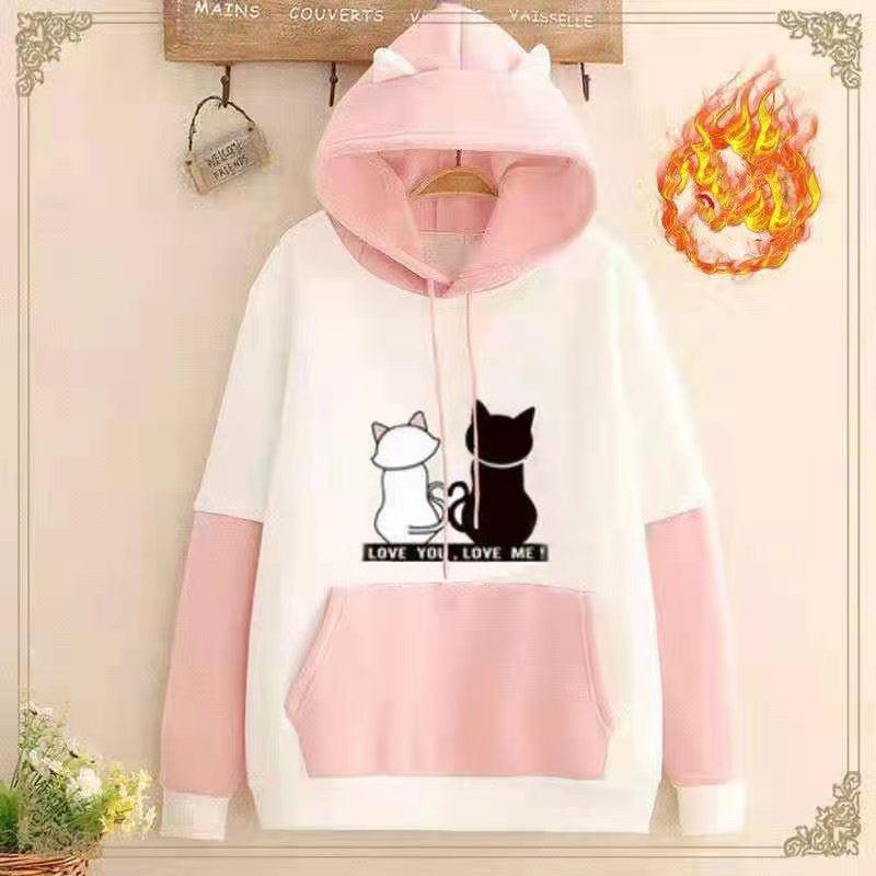 Add Velvet Thickening Match Color Loose Class Clothes Student Girl Hoodie - Nioor