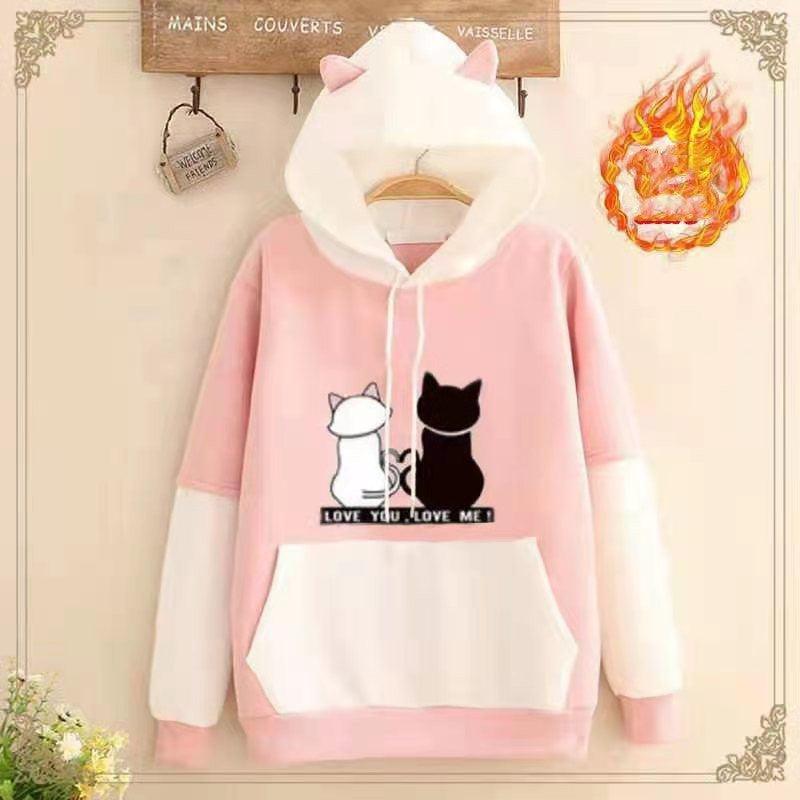 Add Velvet Thickening Match Color Loose Class Clothes Student Girl Hoodie - Nioor