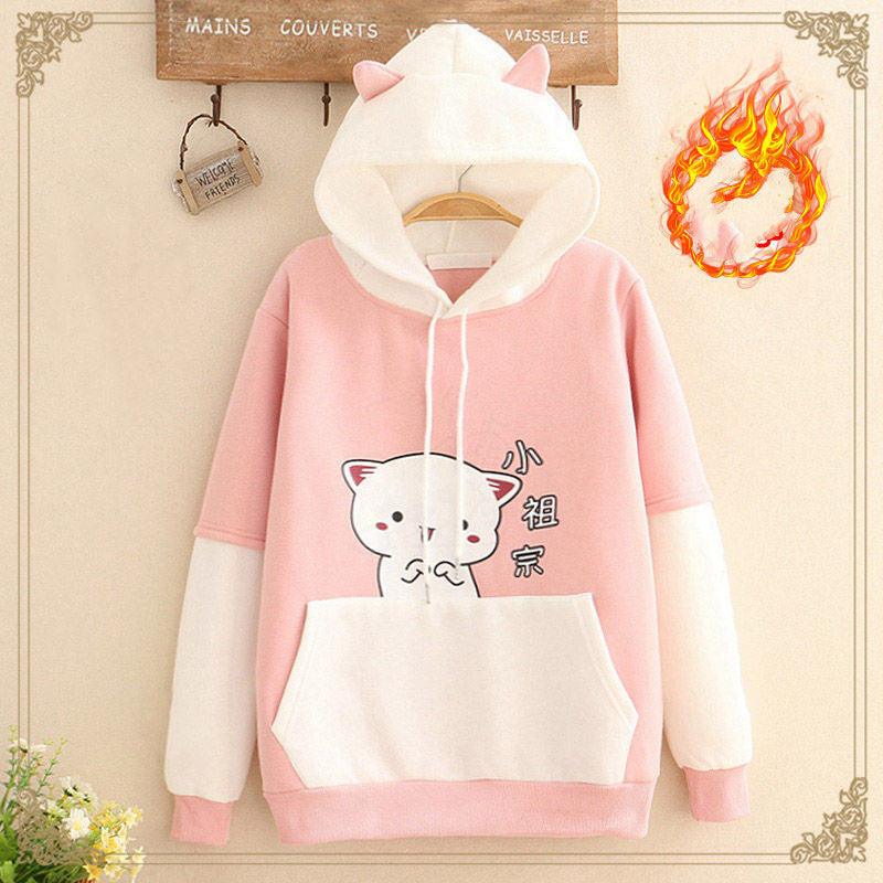 Add Velvet Thickening Match Color Loose Class Clothes Student Girl Hoodie - Nioor