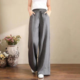 Pure Linen Plus Size Wide Leg Pants Women Drawstring Elastic - Nioor