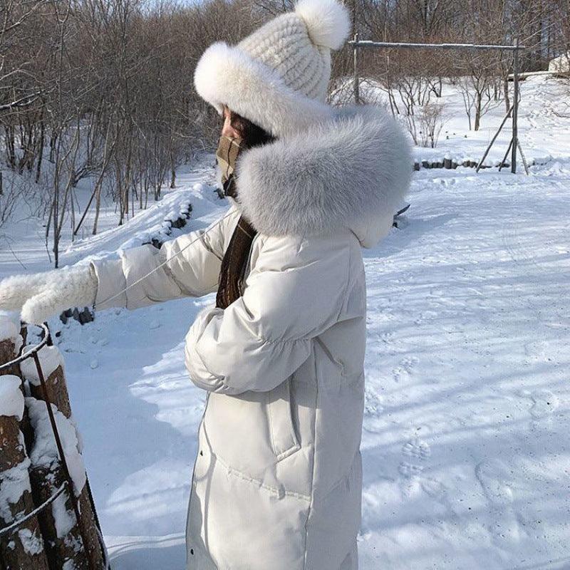 White Duck Down Jacket Women's Mid-length Big Fur Collar Loose Thick - Nioor