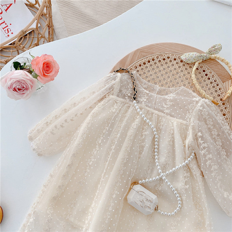 GIRLS Mesh Dress Lace Long Sleeve Dress