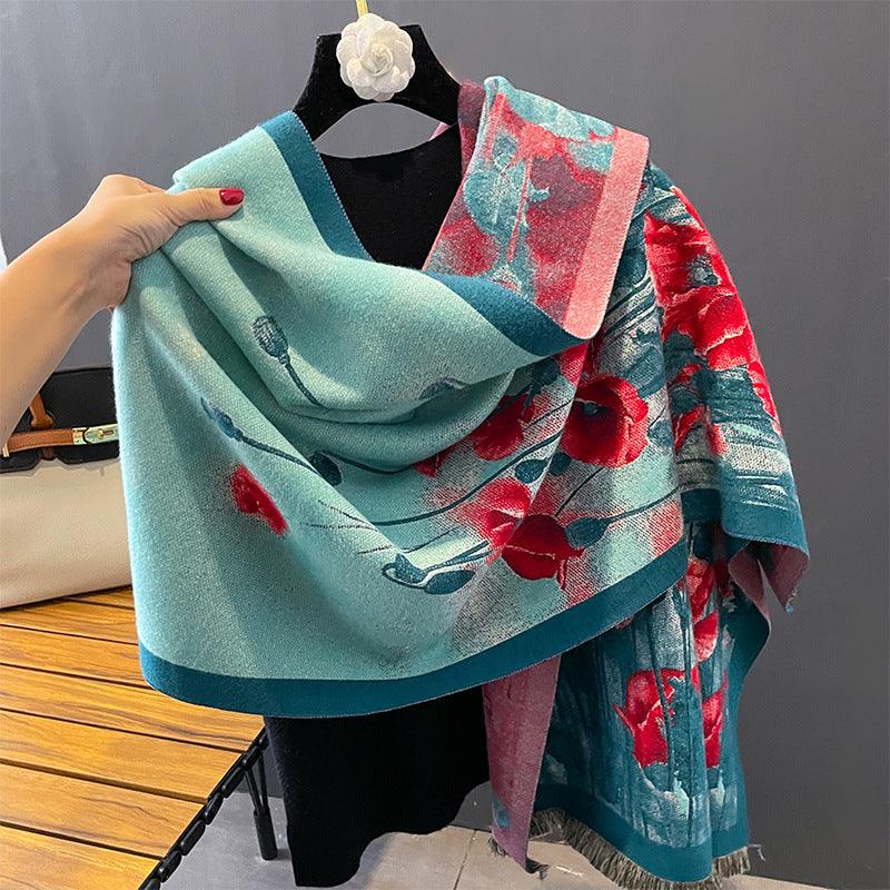 Oil Painting Flowers Artificial Cashmere Scarf Female - Nioor