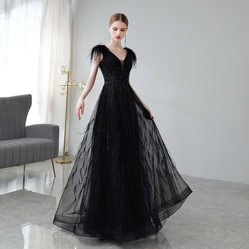 Black Double Shoulder Evening Dress Woman - Nioor