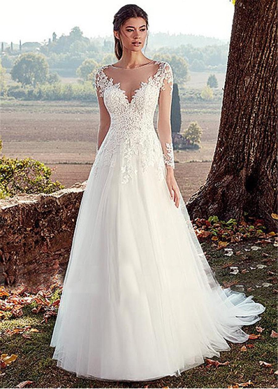 High U-neck Lace Long Sleeve A- Line Long Tail Simple Wedding Dress - Nioor