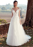 High U-neck Lace Long Sleeve A- Line Long Tail Simple Wedding Dress - Nioor