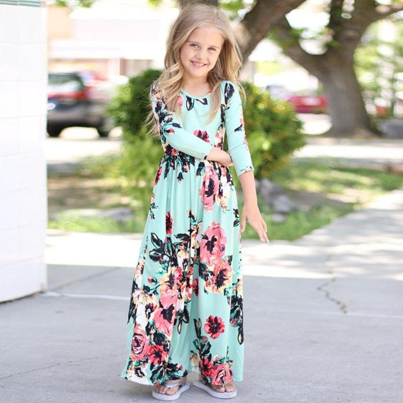 Amazon children's dresses Europe and the United States round neck print girls long skirt eBay AliExpress girls explosion models - Nioor