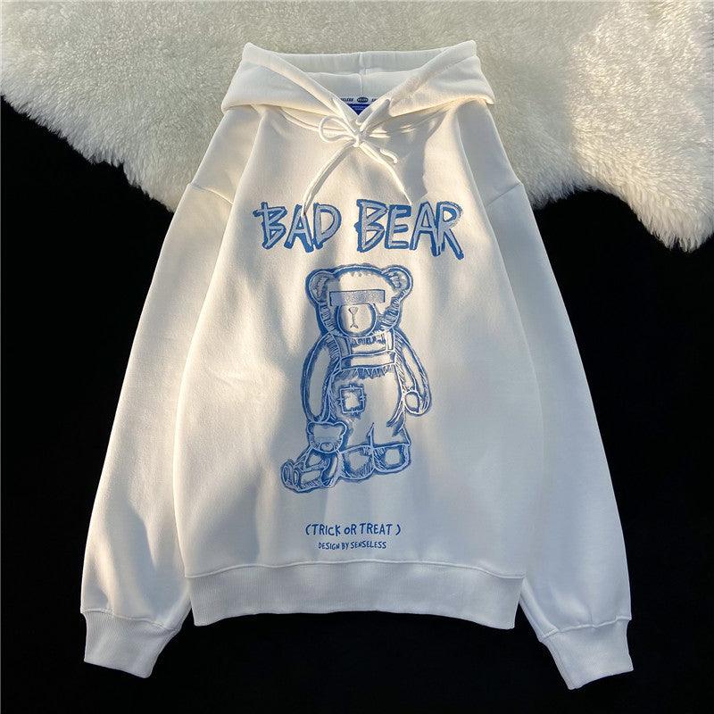 American Hiphop Bear Hoodie Women's Autumn And Winter Korean Style Loose High Street Oversize Retro Bf Preppy Style Top - Nioor