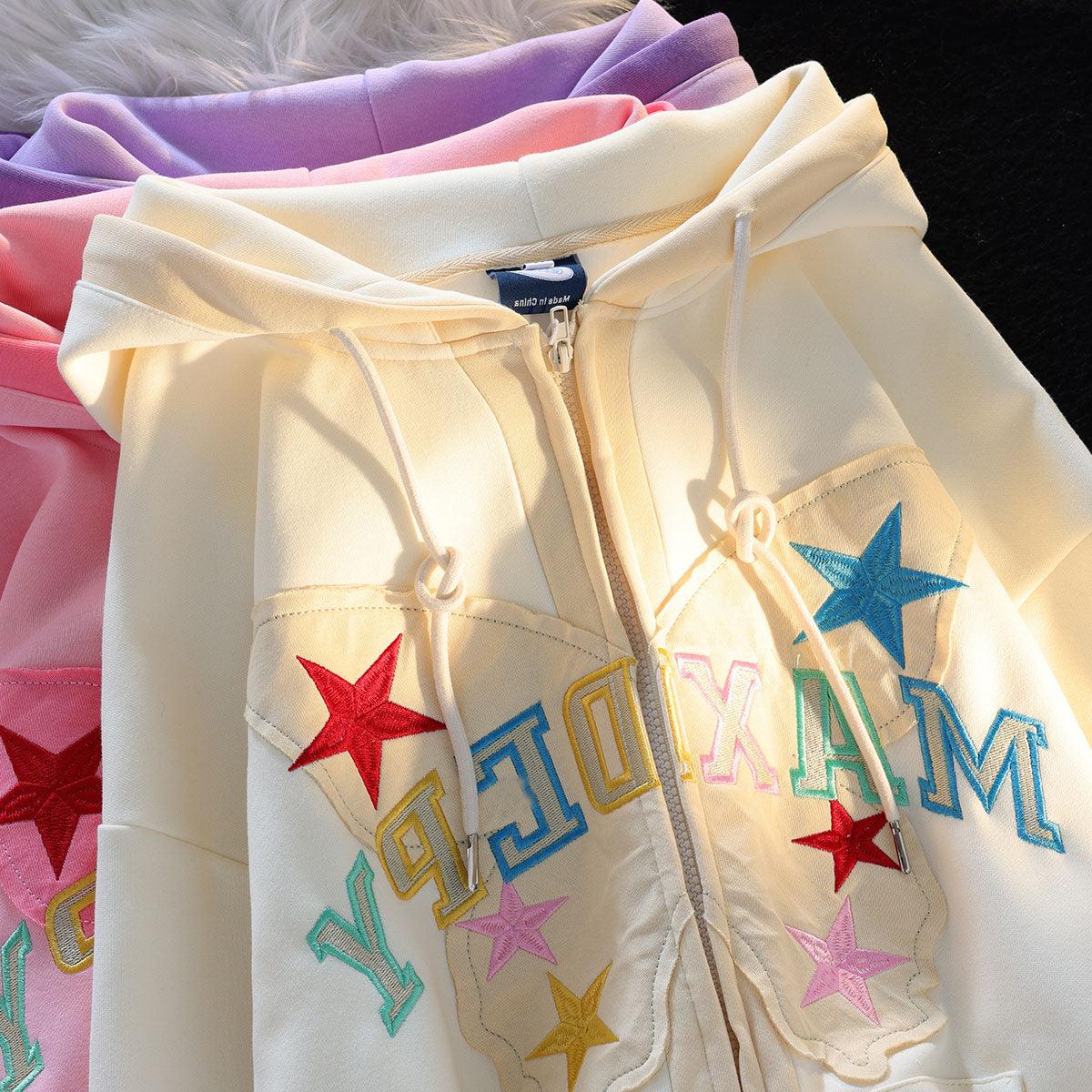 American Retro Alphabet Butterfly Patch Embroidered Hoodie - Nioor