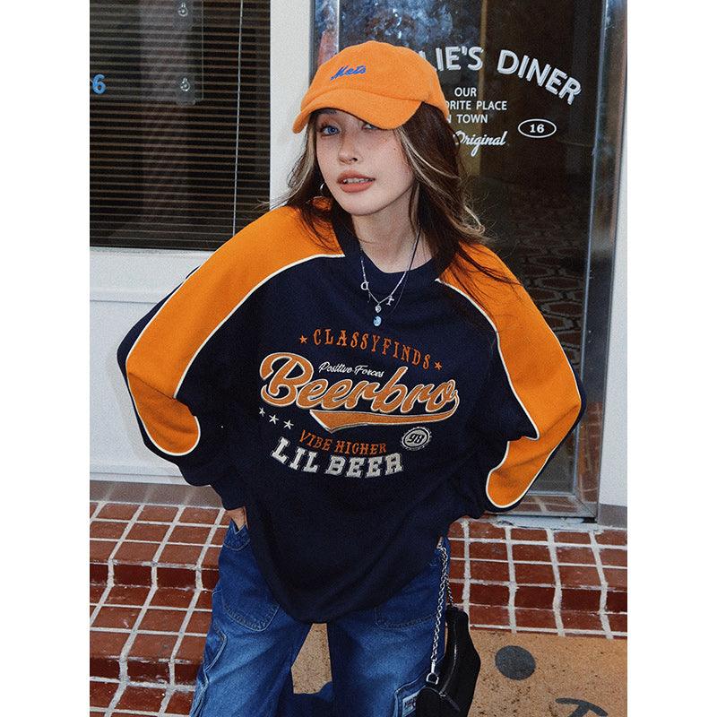 American Retro Street Color Contrast Stitching Sweater Women - Nioor