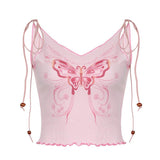 American Texture Butterfly Print Lace-up Vest Outer Wear Base Tight Edge V-neck Small Sling - Nioor