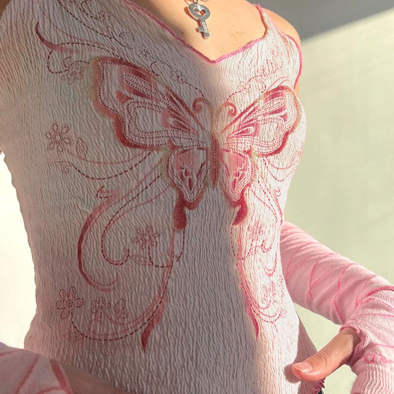 American Texture Butterfly Print Lace-up Vest Outer Wear Base Tight Edge V-neck Small Sling - Nioor