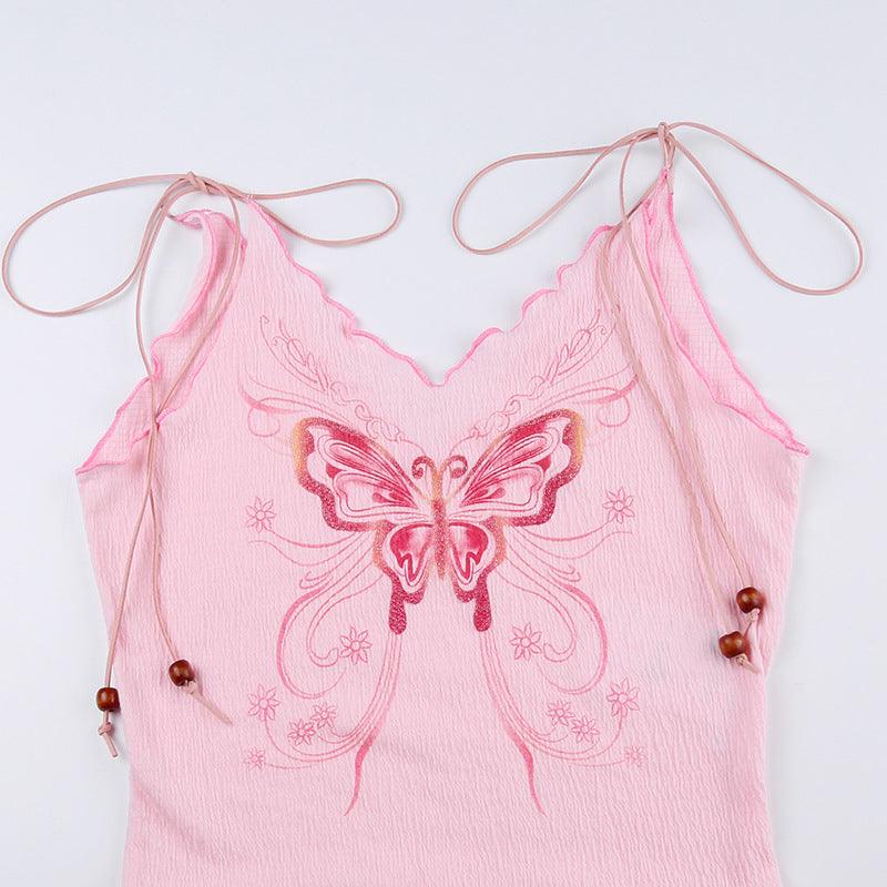 American Texture Butterfly Print Lace-up Vest Outer Wear Base Tight Edge V-neck Small Sling - Nioor