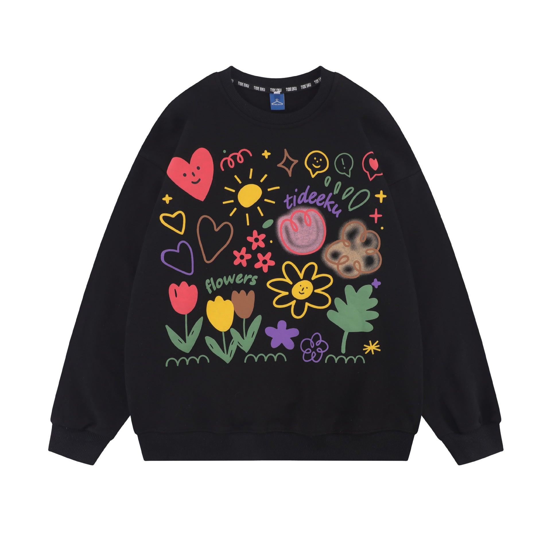 American Tide Brand Round Neck Loose Top Ins Couples Niche Floral Print Sweatshirt - Nioor