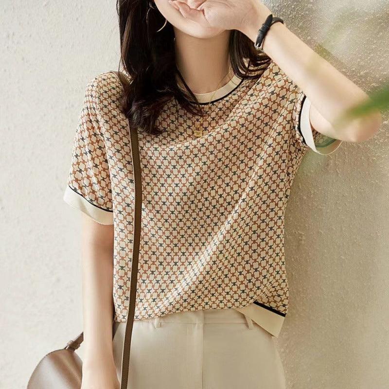 Artificial Silk Loose Slimming Ice Silk Top Printed Chiffon Shirt Fashionable Temperament Short Sleeve T-shirt - Nioor