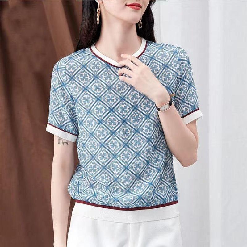 Artificial Silk Loose Slimming Ice Silk Top Printed Chiffon Shirt Fashionable Temperament Short Sleeve T-shirt - Nioor