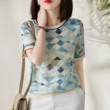 Artificial Silk Loose Slimming Ice Silk Top Printed Chiffon Shirt Fashionable Temperament Short Sleeve T-shirt - Nioor