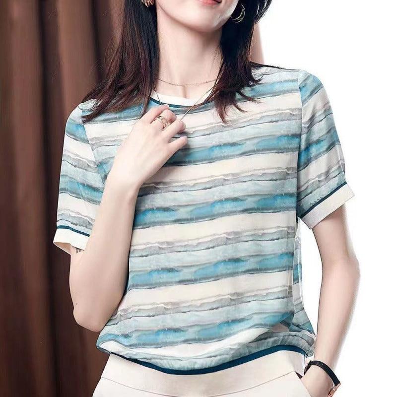 Artificial Silk Loose Slimming Ice Silk Top Printed Chiffon Shirt Fashionable Temperament Short Sleeve T-shirt - Nioor