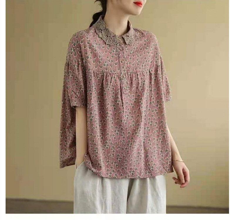 Artistic Retro Cotton And Linen Floral Short-sleeved T-shirt For Women - Nioor